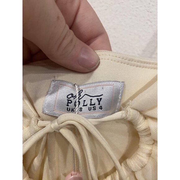 Oh Polly Dress Womens 4 Beige Ruched Mini Bodycon Sleeveless Drawstring New - Picture 4 of 5
